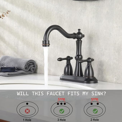 Oil Rubbed Bronze Antique Bathroom Faucet 2 Hole, Stainless Steel Centerset 4 inch Bathroom Faucet 2 Handle with Drain and Supply Hose, Brushed Bronze Faucet for Bathroom Sink