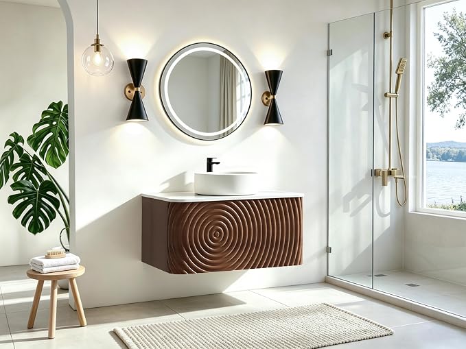 30" Floating Bathroom Vanity with Sink, Mid-Century Wall Mounted Bathroom Vanity Cabinet with Waved Decor, Ceramic Vessel Basin, Sintered Stone Top, Soft Close Storage Drawer, Walnut