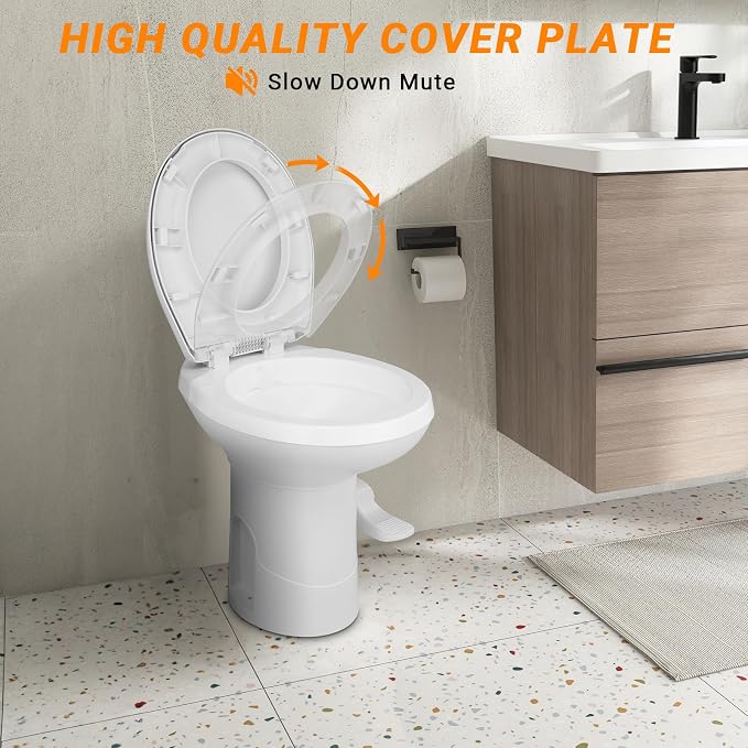 RV Portable Toilet with Gravity Flush –,Hands-Free Foot Pedal Design, Standard Seat Height for Campers & Trailers