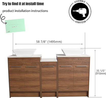 60" Bathroom Vanity with Sink, Freestanding Double Vessel Sink Bathroom Vanity Combo, Modern Vanity with Ceramic Countertop, 60 Inch Brown Floor Stand Cabinet Set(BRE101, 60 * 18)