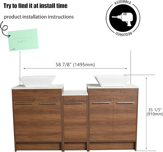 60" Bathroom Vanity with Sink, Freestanding Double Vessel Sink Bathroom Vanity Combo, Modern Vanity with Ceramic Countertop, 60 Inch Brown Floor Stand Cabinet Set(BRE101, 60 * 18)