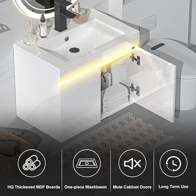AHB 24 inch Bathroom Vanity W/Sink Combo, High Gloss Bathroom Cabinet, Smart Wall Mounted Sink Cabinet Auto Motion Sensor LED Light, Modern Floating Vanity with Faucet