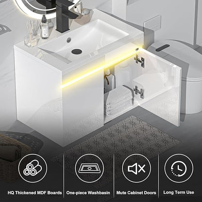 AHB 24 inch Bathroom Vanity W/Sink Combo, High Gloss Bathroom Cabinet, Smart Wall Mounted Sink Cabinet Auto Motion Sensor LED Light, Modern Floating Vanity with Faucet