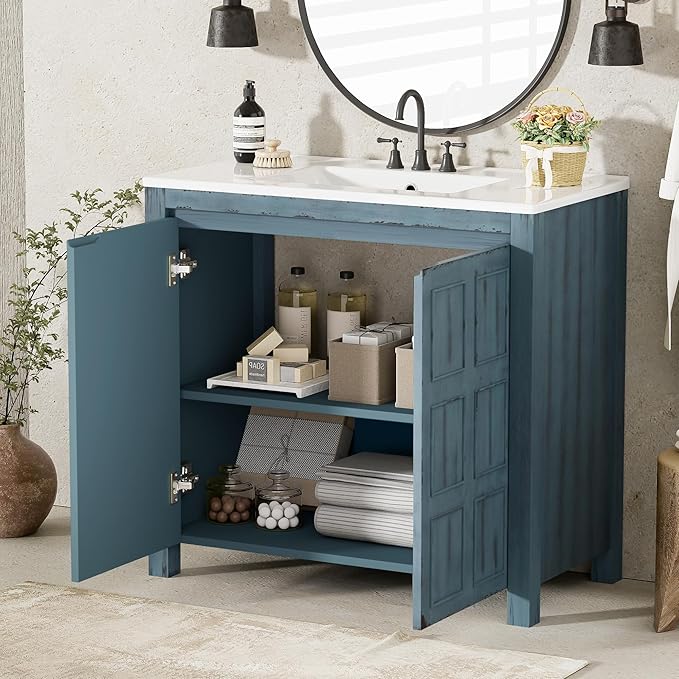 36" Bathroom Vanity Organizer with Ceramic Sink, Set Bathroom Storage Cabinet, Retro Blue