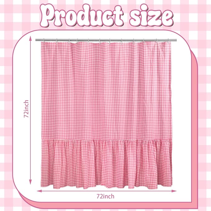 HunnmingRe Ruffle Hem Gingham Shower Curtain Pink | 72'' x 72'' Vintage Farmhouse Curtain, Cotton Cottage Core Rural Checkered Plaid Decor, Fall Shower Curtain for Bathroom