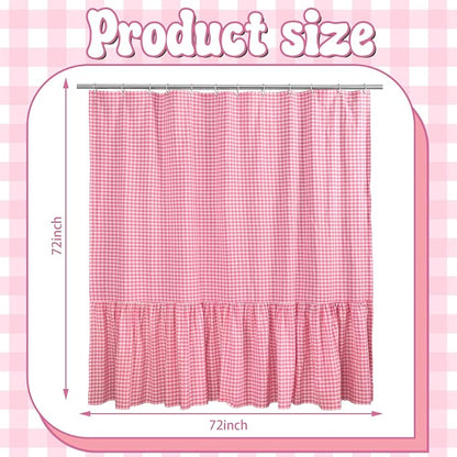 HunnmingRe Ruffle Hem Gingham Shower Curtain Pink | 72'' x 72'' Vintage Farmhouse Curtain, Cotton Cottage Core Rural Checkered Plaid Decor, Fall Shower Curtain for Bathroom