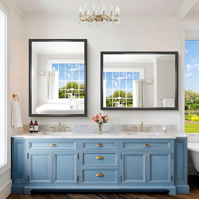 Black Rectangle Mirror, 48 x 36 Inch Large Bathroom Mirrors for Over Sink, 0.6" Thickened Deep Frame Rectangular Wall Mirror, Brushed, Tempered Glass, Antirust, Horizontally/Vertically