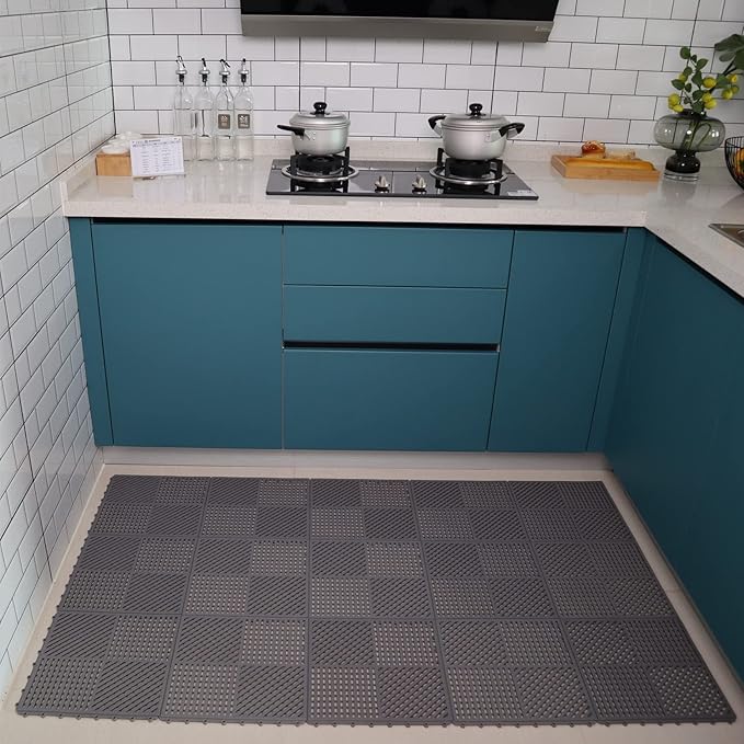 18 Pack Modular Interlocking Floor Mat Rubber Outdoor Tiles with Drainage Holes for Swimming Pool Bathroom Shower Sauna Room Garage Boat, 12" L×12" W×0.4" Th Gray