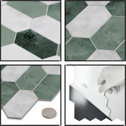 The Tiles Plaza 10-Sheet Peel and Stick Backsplash, 12" x 11.5" Green Cement Long Hexagon Self Adhesive Wall Tile, Stone Composite Stick On Decorative Mosaic Tile for Kitchen Bathroom Fireplace
