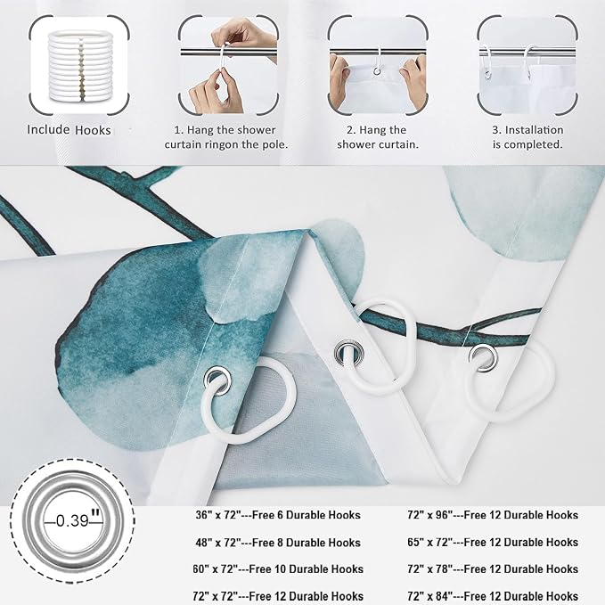Teal Shower Curtain, Watercolor Eucalyptus Leaves Botanical Plants with Floral Bathroom Curtain Home Bathtub Decor Waterproof Fabric Machine Washable with 12 PCS Hooks,65" Wx72 L