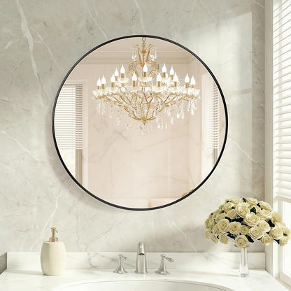 DUMOS 24 Inch Round Wall Mirror, Bathroom Mirror, Black | Metal Frame, HD Reflection Shatterproof Glass Vanity, Decor for Bathroom Vanity Bedroom Entryway