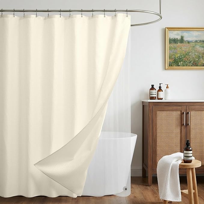Siiluminisoy Shower Curtain and Liner Set, Waffle Shower Curtain Set with 12 Stainless Steel Hooks, Waterproof Luxury Fabric Shower Curtains for Bathroom and Hotel, Cream, 72" W x 72" H