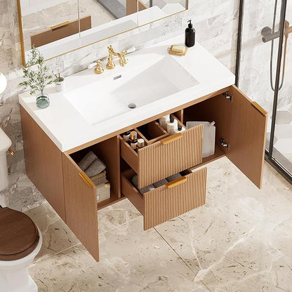 Merax 42 inch Bathroom Vanity with Sink, Wall Mounted Storage Vanities with Drawer and Door, SMC Resin Countertop and Basin, Single Sink, Nature Wood
