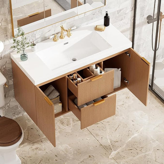 Merax 42 inch Bathroom Vanity with Sink, Wall Mounted Storage Vanities with Drawer and Door, SMC Resin Countertop and Basin, Single Sink, Nature Wood