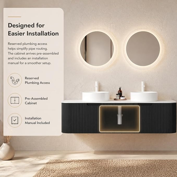 60 Inch Double Sink Bathroom Vanity, Floating Wall Mounted Cabinet, Black Curved Fluted Front, Stone Top, Dual Pure White Round Vessel Basins, Pre-Assembled