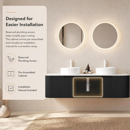 60 Inch Double Sink Bathroom Vanity, Floating Wall Mounted Cabinet, Black Curved Fluted Front, Stone Top, Dual Pure White Round Vessel Basins, Pre-Assembled