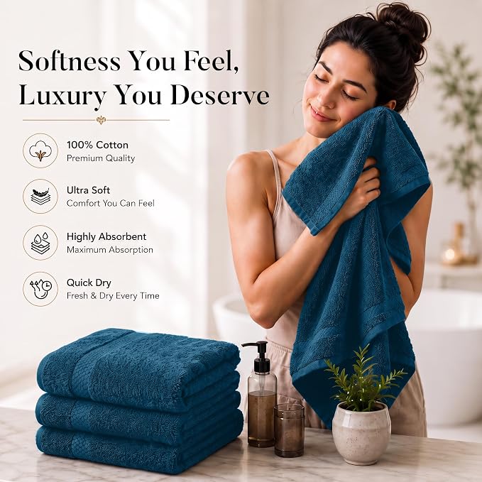 DAN RIVER 600 GSM Cotton Large Bath Towels Set of 4, 27 x 54 Inches, Blue | Larger & Lighter Weight Towels for Bathroom - Highly Absorbent & Quick Dry 100% Cotton Bath Towel Set for Home, Spa & Hotel