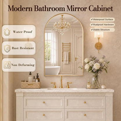 FKWin Medicine Cabinet Mirror for Bathrooms, Wall Mount Storage 20x30 inch | Gold Bathroom Mirror with Storage, Elegant Bathroom Upgrade, Adjustable Shelves, Reversible Door, Luxury Finish