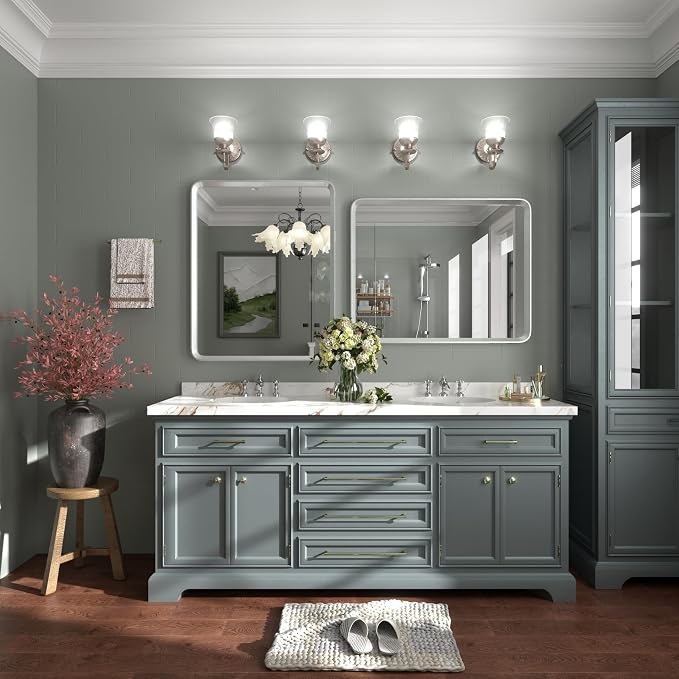 28x36 Brushed Silver Mirror for Bathroom | Silver Metal Framed Vanity Mirror, Beveled Border, Round Corner, Shatterproof, Anti-Rust (Horizontal/Vertical)