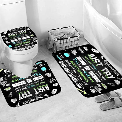 AZHM Black Inspirational Quotes and Positive Phrases Pattern Shower Curtain Set for Bathroom 4 Pcs Whimsical Design Bathroom Accessory Decor Sets with Shower Curtain and Rugs