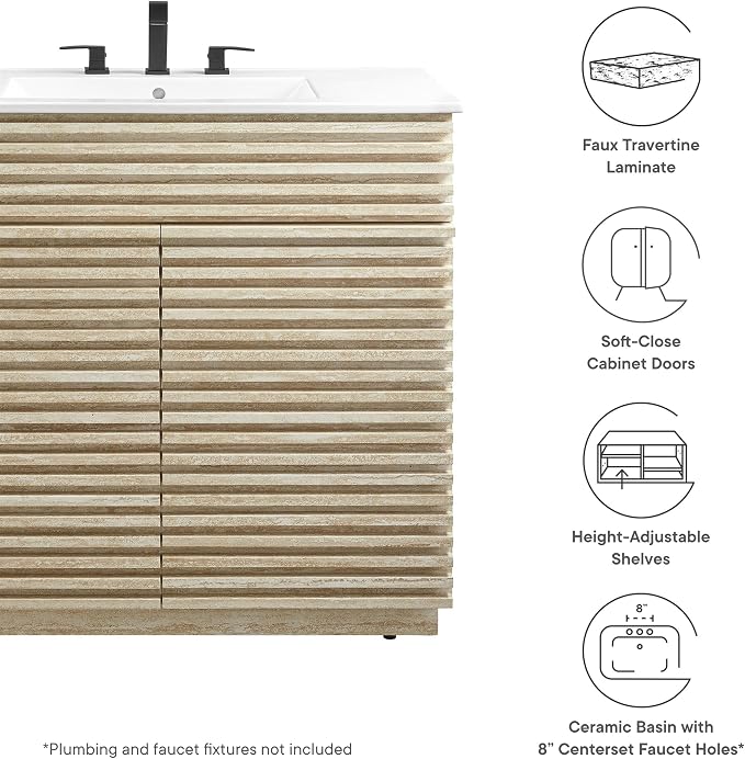 Modway Render Faux Travertine Slatted 36 Inch Bathroom Vanity in White with Sink Combo - Mid-Century Modern Single Sink Bathroom Vanity - Vanity Cabinet with Soft-Close Doors