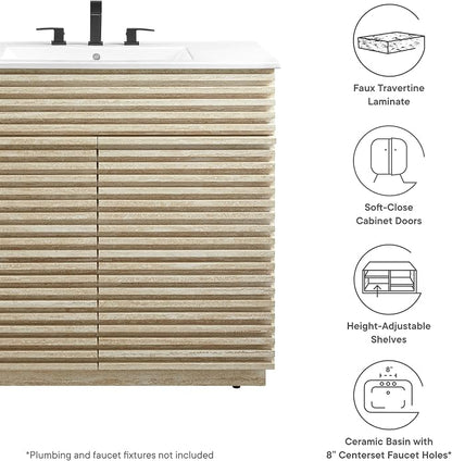 Modway Render Faux Travertine Slatted 36 Inch Bathroom Vanity in White with Sink Combo - Mid-Century Modern Single Sink Bathroom Vanity - Vanity Cabinet with Soft-Close Doors