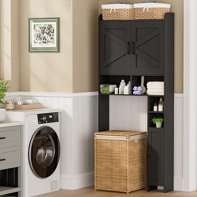Homhedy Over The Toilet Storage Cabinet with 2 Barn Door and Toilet Paper Holder Stand, FreeStanding Toilet Shelf Space Saver, for Bathroom, Restroom, Laundry, Black