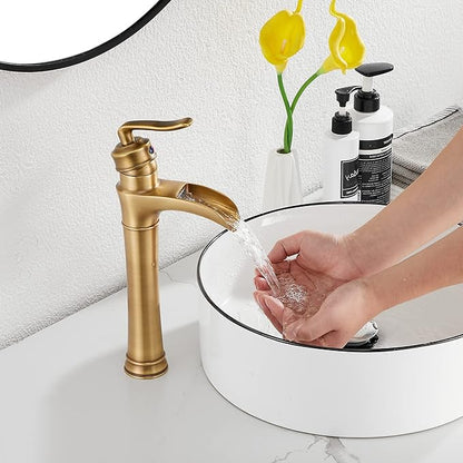 Antique Brass Waterfall Bathroom Faucet GGStudy Single Handle One Hole Farmhouse Bathroom Vessel Sink Faucet Matching with Pop Up Drain
