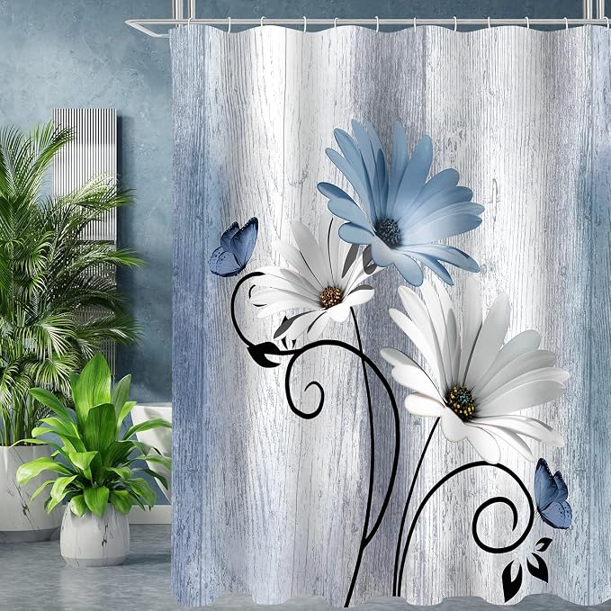 Onalasyc 4PCS Blue Daisy Floral Bathroom Sets with Shower Curtain and Rugs | Country Floral Butterfly Shower Curtain Set,Modern Bathroom Decor Shower Curtains Set with Rugs Toilet Lid Cover and 12 Hooks