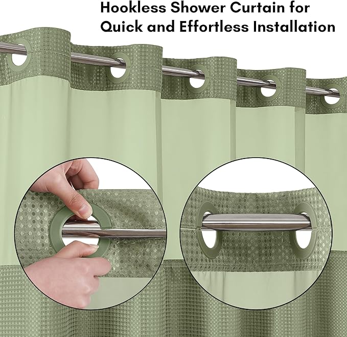 Americanflat 72x75 Hookless Waffle Pattern Shower Curtain - Water-Resistant Long Shower Curtain with Sheer Panel, Snap-in Liner, and Durable Grommets - 100% Polyester - Green