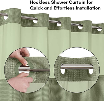 Americanflat 72x75 Hookless Waffle Pattern Shower Curtain - Water-Resistant Long Shower Curtain with Sheer Panel, Snap-in Liner, and Durable Grommets - 100% Polyester - Green