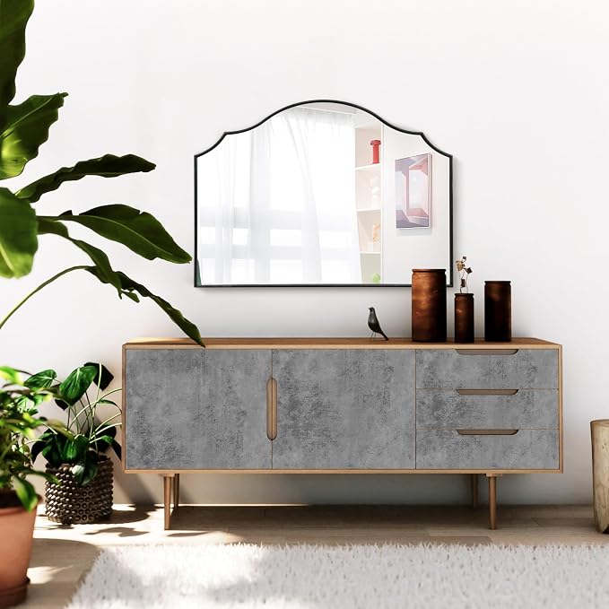 Besdomus Black Scalloped Dresser Mirror: 35"x26" Wooden Bathroom Mirror | Modern Minimalist Decorative Arched Wall Mirror for Vanity/Mantel/Bedroom/Entryway/Fireplace/Nightstand/Dining Room/Over Sink