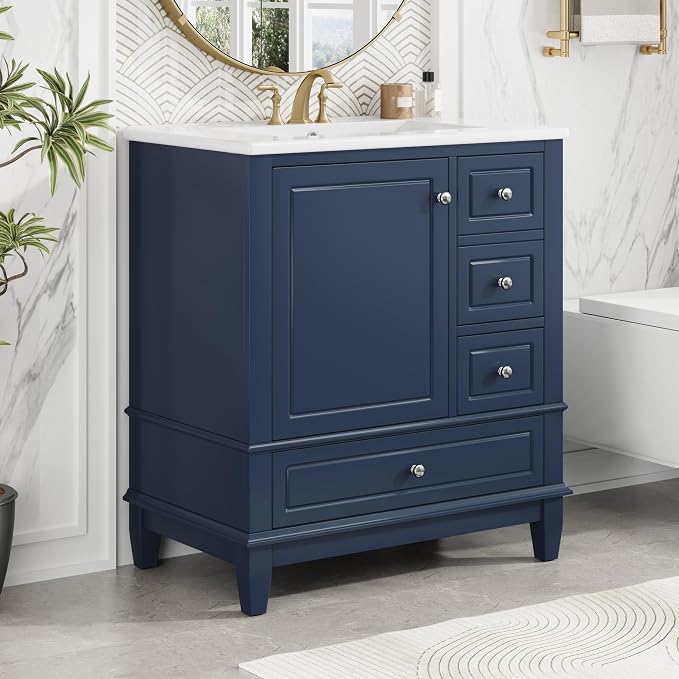 30" Bathroom Vanities Cabinet with Ceramic Sink Set Combo, Multi-Functional Storage Organizer Door Shelf, Three Drawers, Soft-Closing Door, Blue