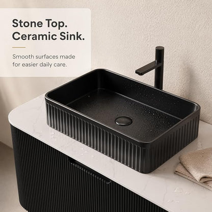 60 Inch Double Sink Bathroom Vanity, Floating Wall Mounted Cabinet, Black Curved Fluted Front, Stone Top, Dual Black Textured Rectangular Vessel Basins, Pre-Assembled