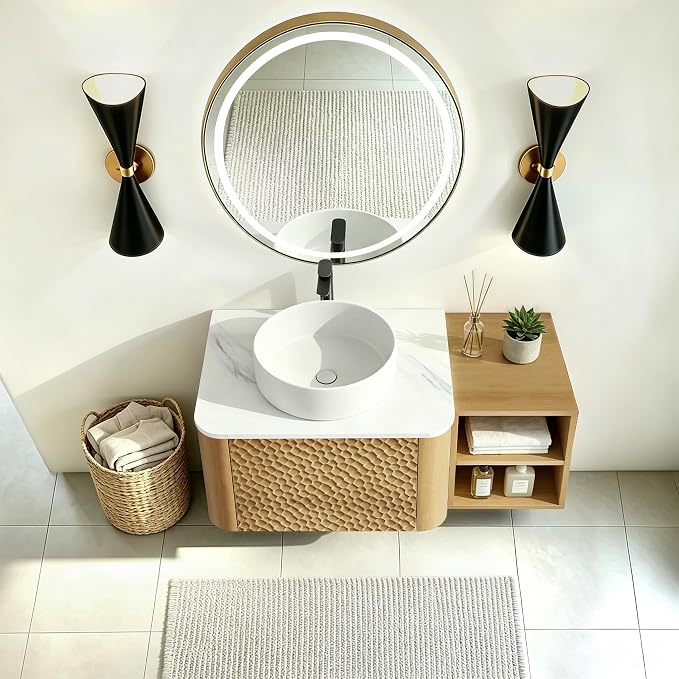 36 Inch Modern Bathroom Vanity with Ceramic Sink, Floating Bathroom Sink Cabinet with Sintered Stone Top&Solid Wood Hammered Frame, Single Bathroom Vanities w/Soft-Close Drawer&Side Open Cube