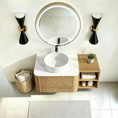 36 Inch Modern Bathroom Vanity with Ceramic Sink, Floating Bathroom Sink Cabinet with Sintered Stone Top&Solid Wood Hammered Frame, Single Bathroom Vanities w/Soft-Close Drawer&Side Open Cube