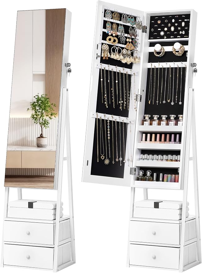 Nicetree Jewelry Cabinet Armoire, 2 Drawers, Full Length Mirror, Pure White | Standing Mirror Jewelry Cabinet, Lockable Jewelry Armoire with Mirror, Adjustable Angles, Easy Assembly, Gift Idea, HD Glass
