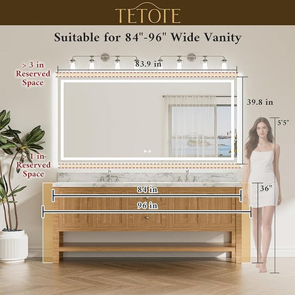 TETOTE 84 x 40 LED Lighted Bathroom Mirror with Lights Wall Mounted, Brighter Front and Backlit Led Vanity Mirror, 3-Color Dimmable Light up Anti Fog Mirror, Waterproof, Shatterproof Tempered Glass
