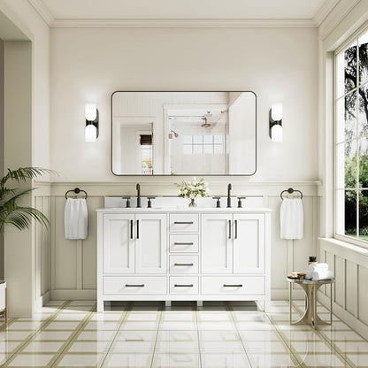 60-Inch Bathroom Vanity with Sink, 4 Soft-Close Doors and 6 Soft-Close Drawers, Bathroom Freestanding Vanity with Cultured Marble Countertop, White Vanity with Matte Black Handles