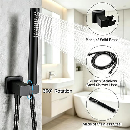 Matte Black Shower Faucet Set Rainfall 10 Inch Shower Head and Handle Set Bathroom Rain Shower System Wall Mounted Shower Fixture Include Shower Valve and Trim Kit