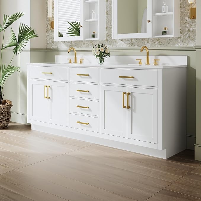 80-Inch Bathroom Vanity with Double Sinks W/ 4 Doors & 4 Drawers & 2 Flip Drawers, White Vanity W/Brushed Gold Handles