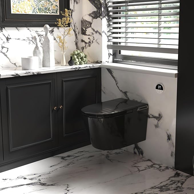 Black Basic Smart Function Wall Hung Toilet Combo, Built-In Water Tank, Heated Seat,Auto Flush,Foot Sensor Flush,Nightlight, with In-Wall Carrier (No Need to buy an Additional Water Tank)