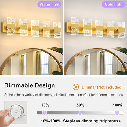 Modern LED Bathroom Light Fixtures Dimmable 5-Light Gold Vanity Light, 5CCT Adjustable Lighting Fixture Vanity Lights Over Mirror, Smoked Acrylic LED Vanity Lights for Bathroom