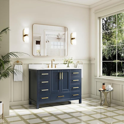 48-Inch Bathroom Vanity with Sink, 2 Soft-Close Doors and 9 Soft-Close Drawers, Bathroom Freestanding Vanity with Cultured Marble Countertop, Navy Blue Vanity W/Gold Handles