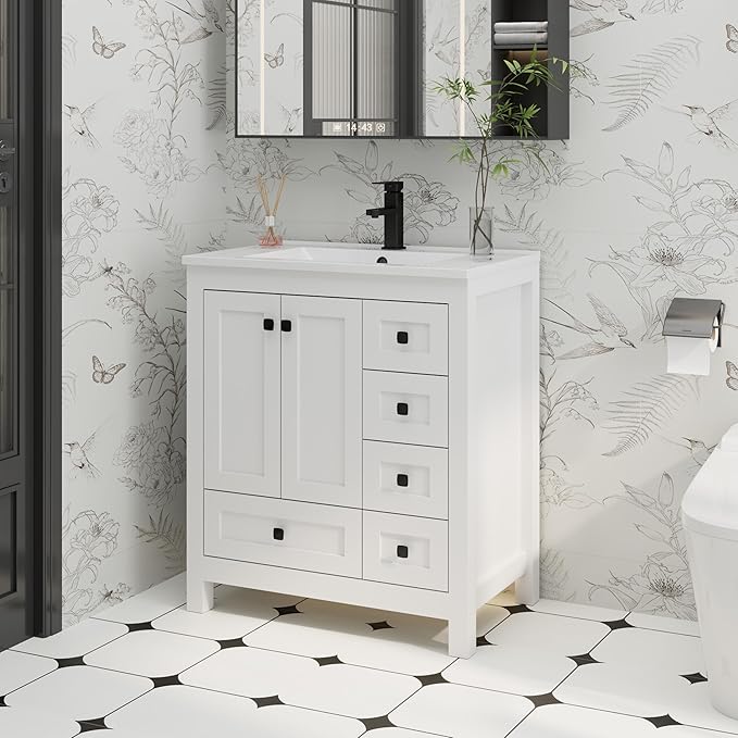 eclife 30" Bathroom Vanities with Sink Combo, Modern Thickened Wood Bathroom Storage Cabinet w/Undermount Sink, Matte Black Faucet Drain, Painted Surface, White