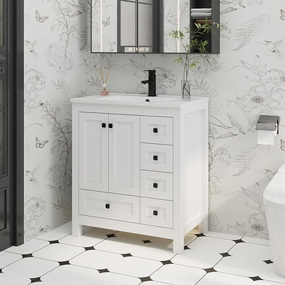 eclife 30" Bathroom Vanities with Sink Combo, Modern Thickened Wood Bathroom Storage Cabinet w/Undermount Sink, Matte Black Faucet Drain, Painted Surface, White