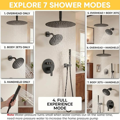BESy Shower Faucet Fixtures Set for Bathroom, 10 & 6 In Round Dual Rain Shower Head, Ceiling & Wall Mounted Rainfall Shower System, Push Button Diverter Shower Valve with 2 in 1 Handheld, Matte Black