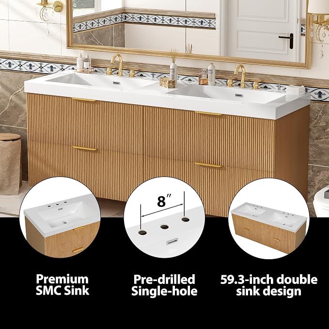 60 in Floating Bathroom Vanity with Double Sink Bathroom Vanity with Soft-Closing,Modern Fluted Bathroom Sink Cabinet,Wall-Mounted (Wood w/4 Drawers,59.3 Inch)