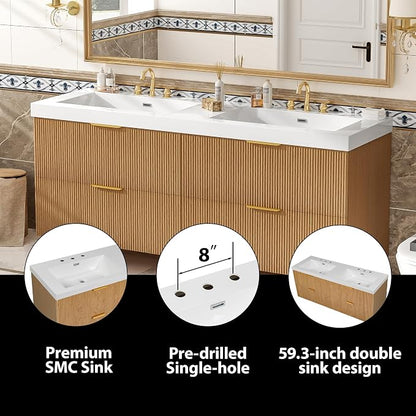 60 in Floating Bathroom Vanity with Double Sink Bathroom Vanity with Soft-Closing,Modern Fluted Bathroom Sink Cabinet,Wall-Mounted (Wood w/4 Drawers,59.3 Inch)