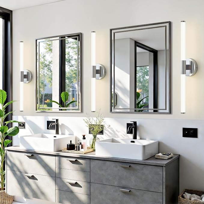 Bathroom Vanity Lights Chrome LED Vanity Lights Modern 24" | 360° Bright Lighting, Dimmable Vanity Light Bar, Hardwired Wall Lights 4000K Natural White for Mirror